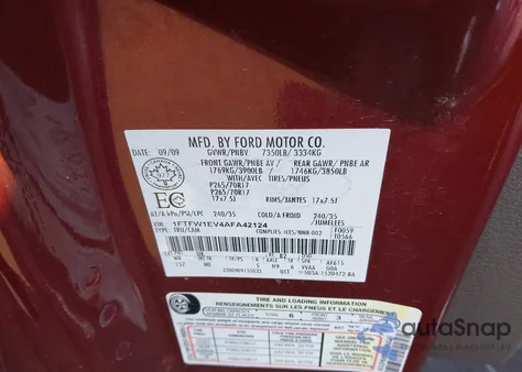 2010 Ford F-150 Fx4/Harley-Davidson/King Ranch/Lariat/Platinum/Xl/Xlt из США, поврежденный, VIN 1FTFW1EV4AFA42124